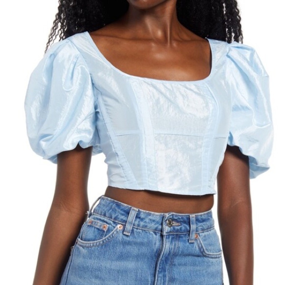 NWT Topshop Corset Puff Sleeve Solid Crop Top Blue Regencycore Shimmer Size 6